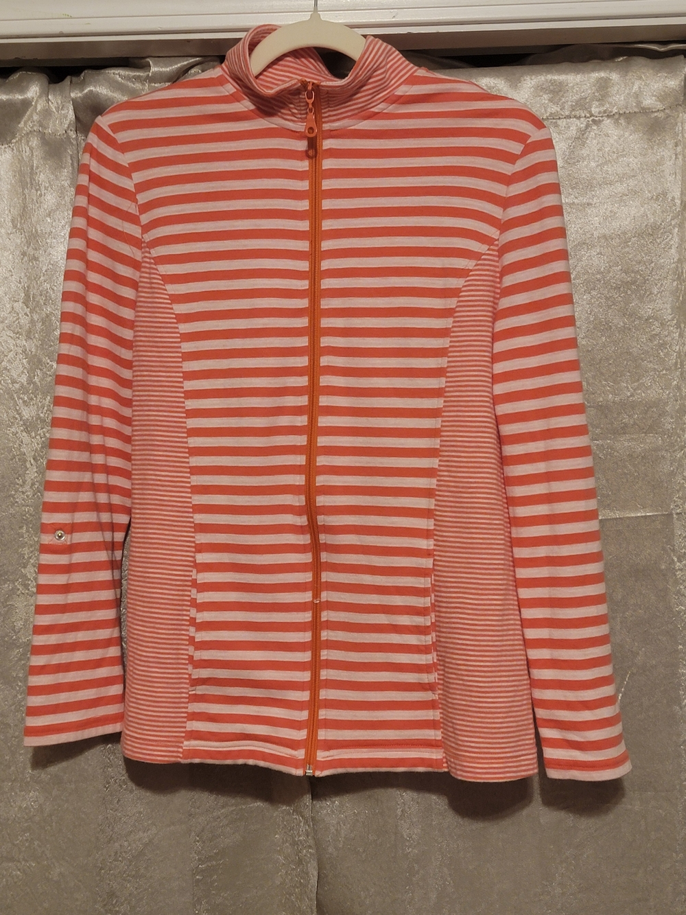 croft & barrow Coral and White Striped Zip Bomber Jacket